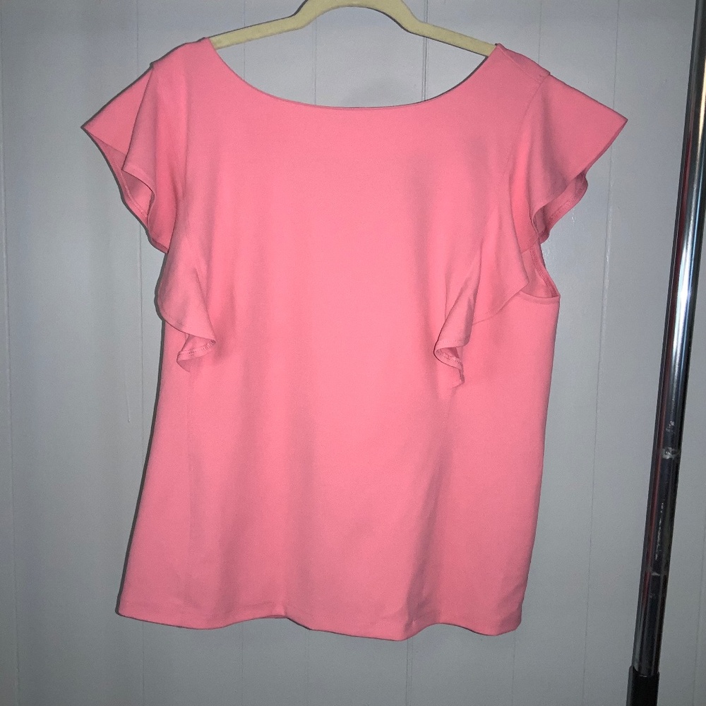 Ann Taylor coral ruffle front V back blouse Sz XL flutter sleeves New